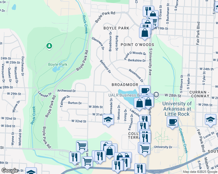 map of restaurants, bars, coffee shops, grocery stores, and more near 68 Lakeshore Drive in Little Rock