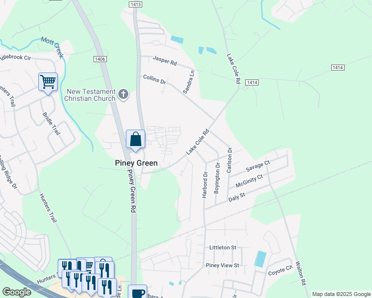 map of restaurants, bars, coffee shops, grocery stores, and more near 1155 Lake Cole Road in Piney Green