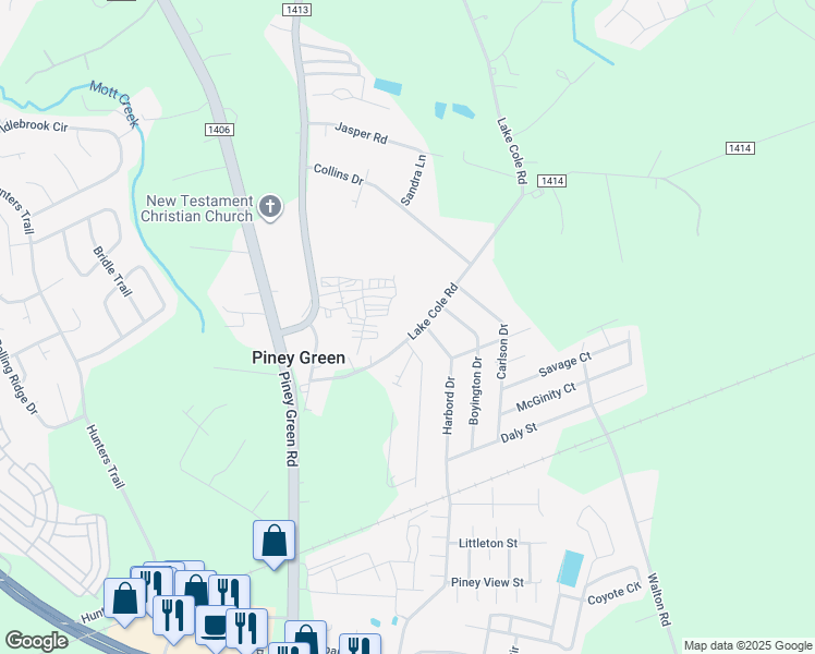 map of restaurants, bars, coffee shops, grocery stores, and more near 1155 Lake Cole Road in Piney Green