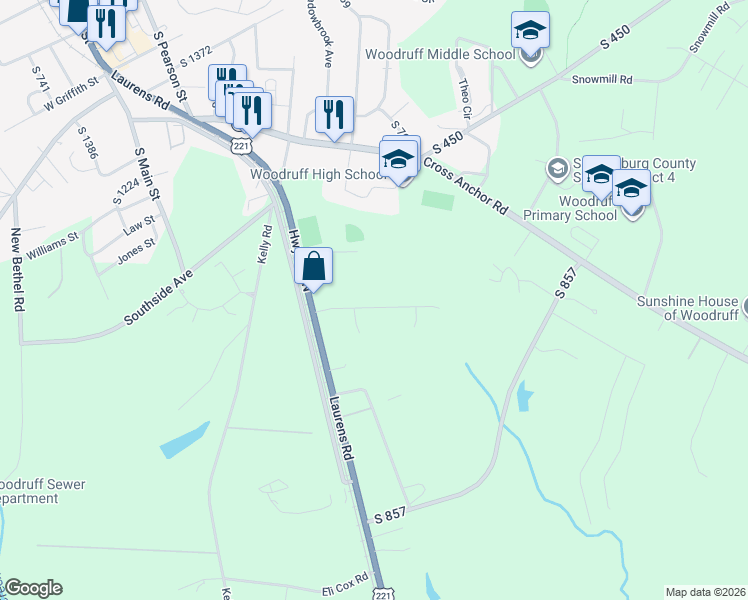 map of restaurants, bars, coffee shops, grocery stores, and more near 165 Vickery Road in Woodruff