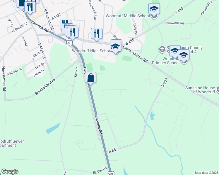 map of restaurants, bars, coffee shops, grocery stores, and more near 165 Vickery Road in Woodruff