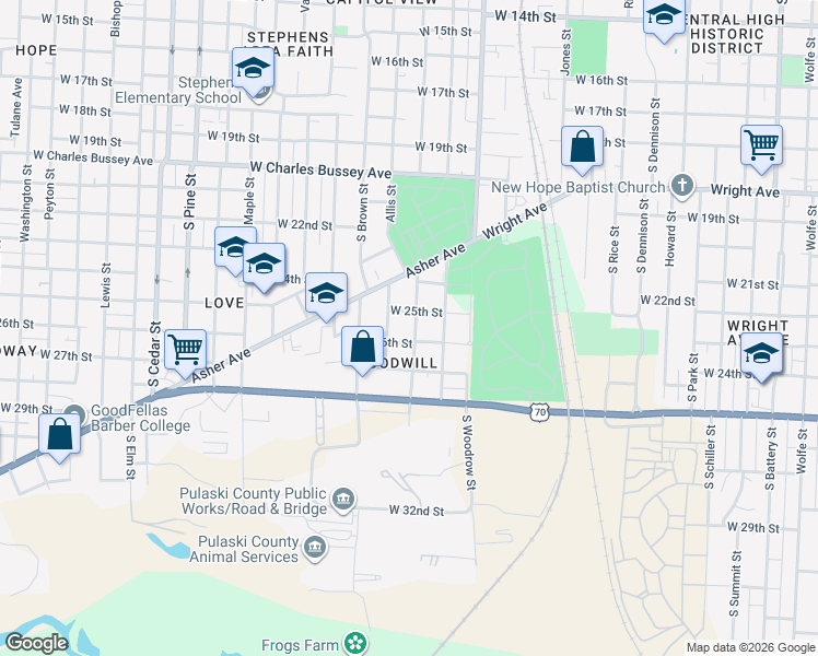 map of restaurants, bars, coffee shops, grocery stores, and more near 2504 Johnson Street in Little Rock