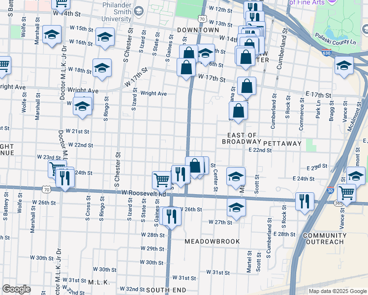 map of restaurants, bars, coffee shops, grocery stores, and more near 2122 Broadway Street in Little Rock