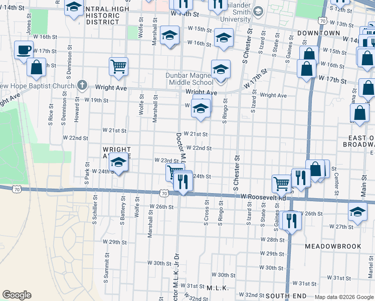 map of restaurants, bars, coffee shops, grocery stores, and more near 1315 West 22nd Street in Little Rock