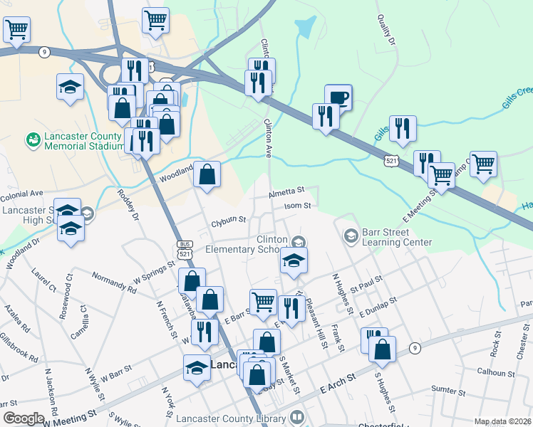 map of restaurants, bars, coffee shops, grocery stores, and more near 435 Clinton Avenue in Lancaster