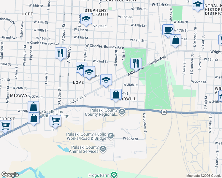 map of restaurants, bars, coffee shops, grocery stores, and more near 3310 West 26th Street in Little Rock