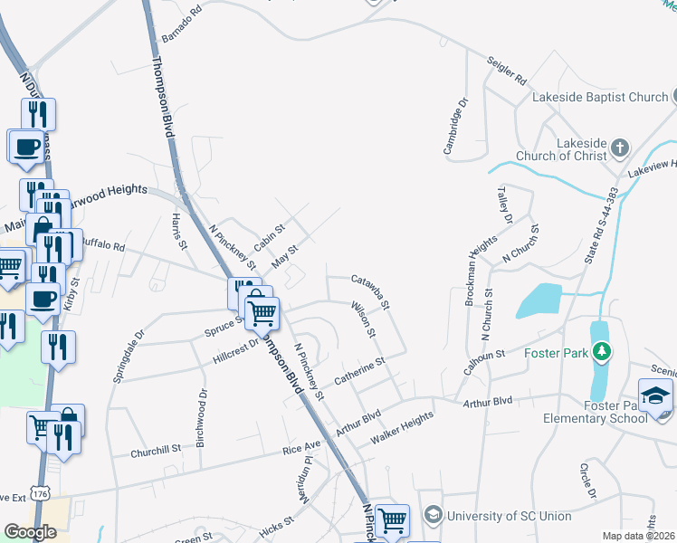 map of restaurants, bars, coffee shops, grocery stores, and more near 203 Catawba Street in Union