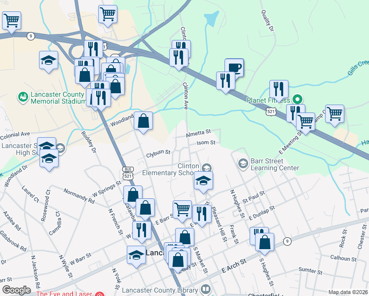 map of restaurants, bars, coffee shops, grocery stores, and more near 435 Clinton Avenue in Lancaster