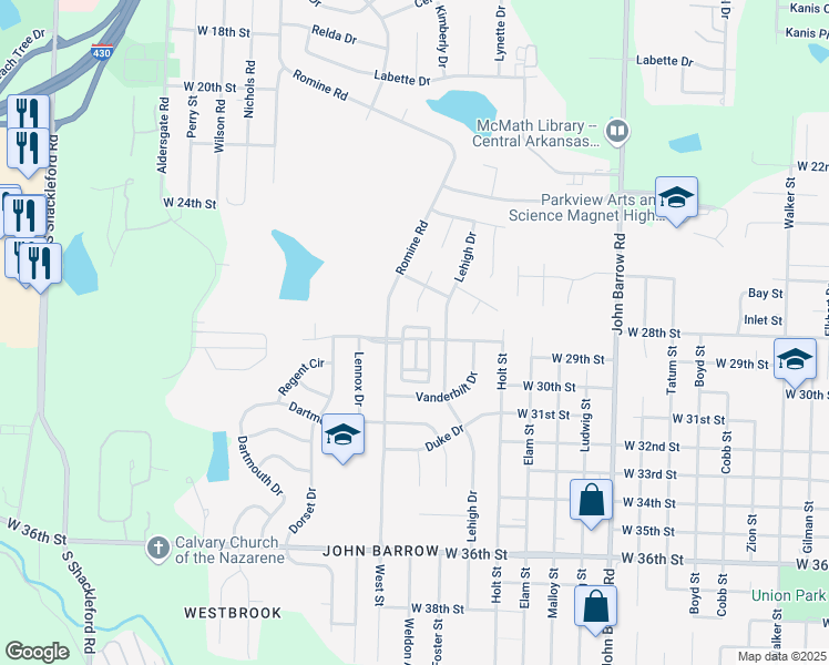 map of restaurants, bars, coffee shops, grocery stores, and more near 9408 Covenant Lane in Little Rock