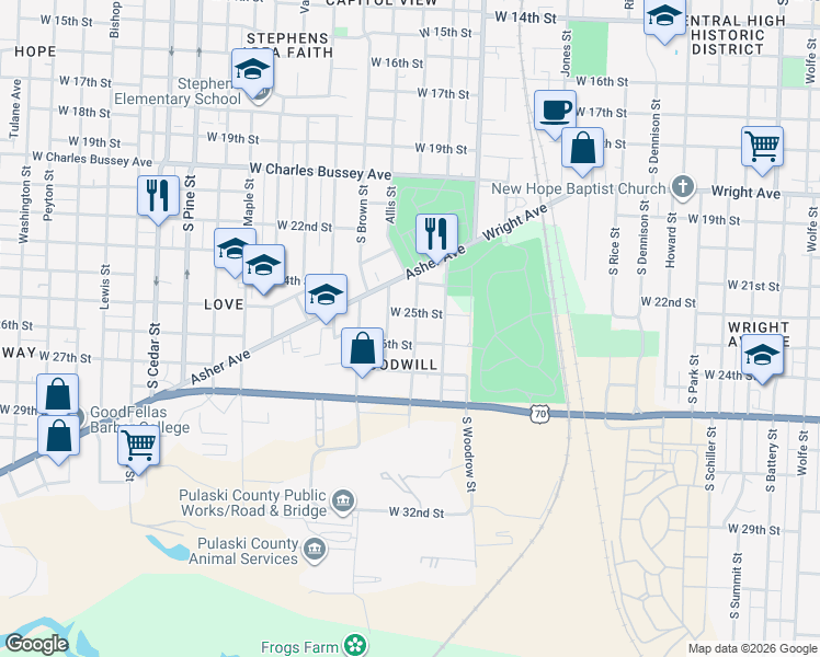 map of restaurants, bars, coffee shops, grocery stores, and more near 2504 Johnson Street in Little Rock