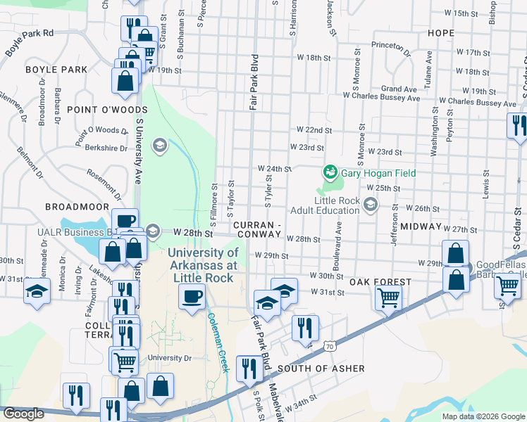 map of restaurants, bars, coffee shops, grocery stores, and more near 2600 South Tyler Street in Little Rock