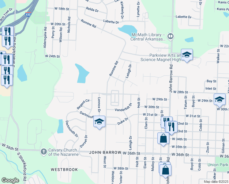 map of restaurants, bars, coffee shops, grocery stores, and more near 9408 Covenant Lane in Little Rock