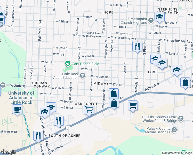 map of restaurants, bars, coffee shops, grocery stores, and more near 2600 Adams Street in Little Rock