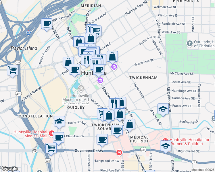 map of restaurants, bars, coffee shops, grocery stores, and more near 104 Williams Avenue Southeast in Huntsville