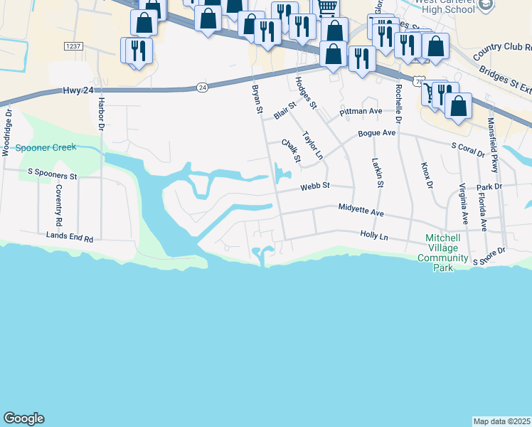 map of restaurants, bars, coffee shops, grocery stores, and more near 5204 Driftwood Lane in Morehead City