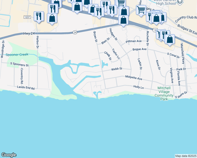 map of restaurants, bars, coffee shops, grocery stores, and more near 5204 Driftwood Lane in Morehead City