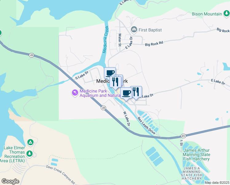 map of restaurants, bars, coffee shops, grocery stores, and more near 140 East Lake Drive in Medicine Park