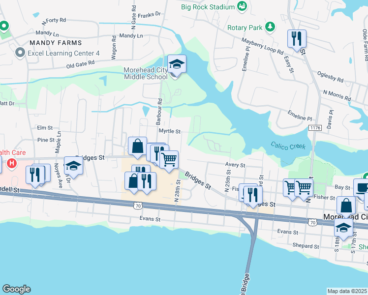 map of restaurants, bars, coffee shops, grocery stores, and more near 210 Waldron Drive in Morehead City