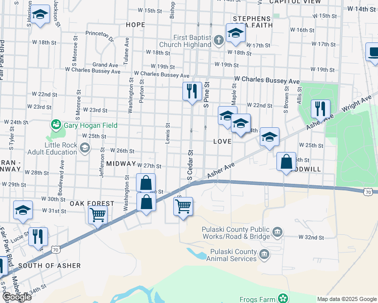 map of restaurants, bars, coffee shops, grocery stores, and more near 4000 West 26th Street in Little Rock