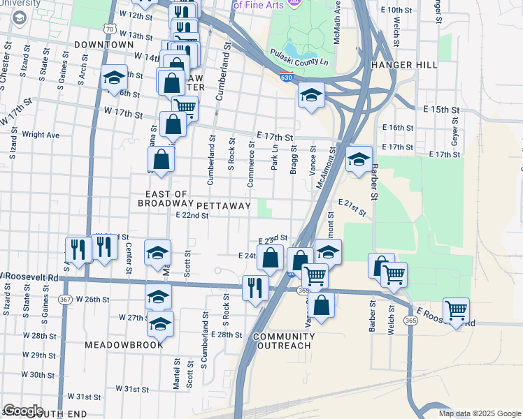 map of restaurants, bars, coffee shops, grocery stores, and more near 505 East 21st Street in Little Rock