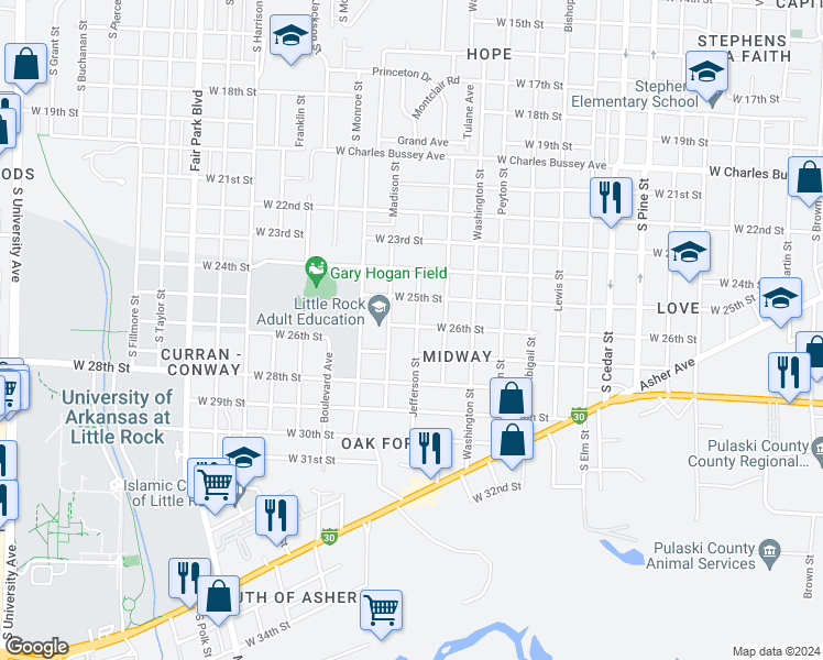 map of restaurants, bars, coffee shops, grocery stores, and more near 2600 Jefferson Street in Little Rock