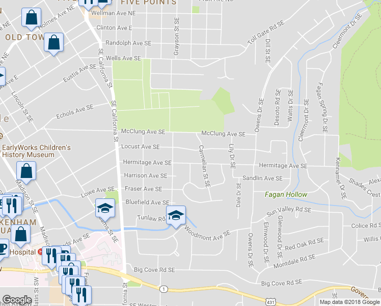 map of restaurants, bars, coffee shops, grocery stores, and more near 1210 Locust Avenue Southeast in Huntsville