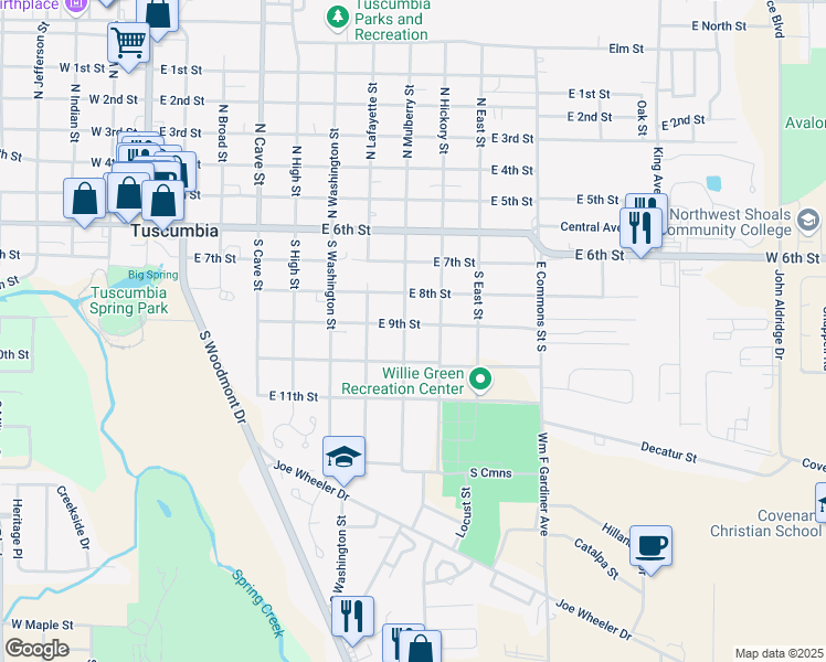 map of restaurants, bars, coffee shops, grocery stores, and more near 501 South Mulberry Street in Tuscumbia