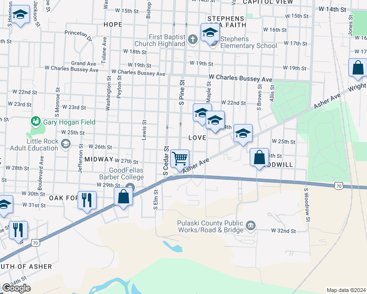 map of restaurants, bars, coffee shops, grocery stores, and more near 2517 South Pine Street in Little Rock