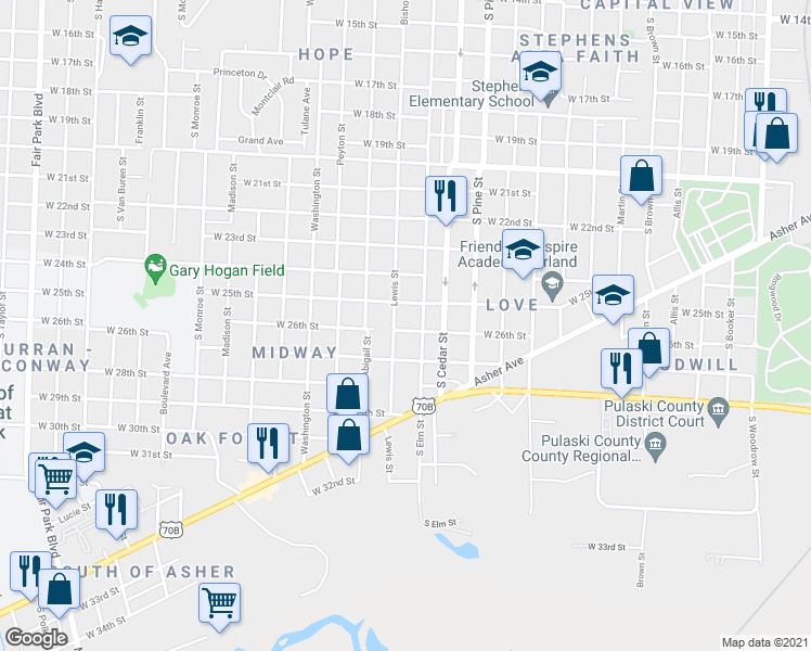 map of restaurants, bars, coffee shops, grocery stores, and more near 4118 West 26th Street in Little Rock