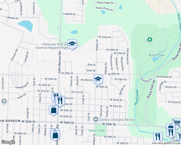 map of restaurants, bars, coffee shops, grocery stores, and more near 5 Inlet Street in Little Rock
