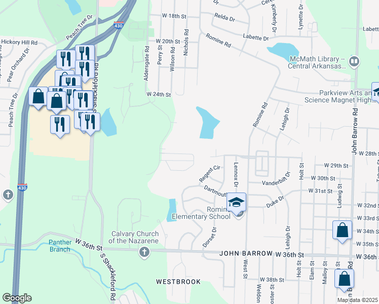 map of restaurants, bars, coffee shops, grocery stores, and more near Raintree Lane in Little Rock