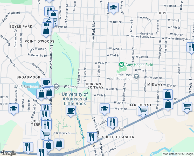 map of restaurants, bars, coffee shops, grocery stores, and more near 2600 South Tyler Street in Little Rock