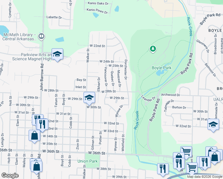 map of restaurants, bars, coffee shops, grocery stores, and more near 2722 Quebec Drive in Little Rock