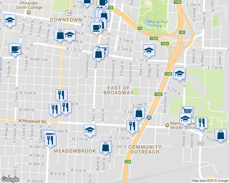 map of restaurants, bars, coffee shops, grocery stores, and more near 2117 Cumberland Street in Little Rock