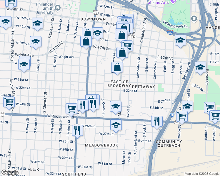 map of restaurants, bars, coffee shops, grocery stores, and more near 2120 South Louisiana Street in Little Rock