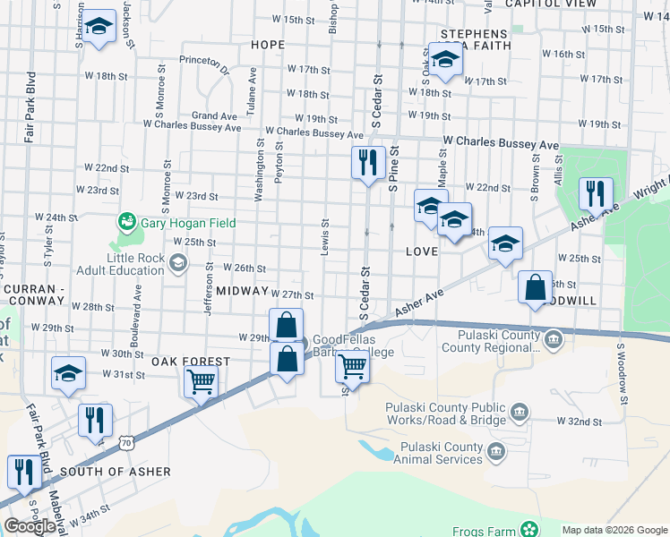 map of restaurants, bars, coffee shops, grocery stores, and more near 4118 West 26th Street in Little Rock