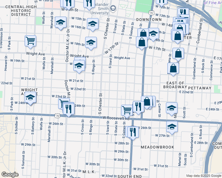 map of restaurants, bars, coffee shops, grocery stores, and more near 2123 South Izard Street in Little Rock