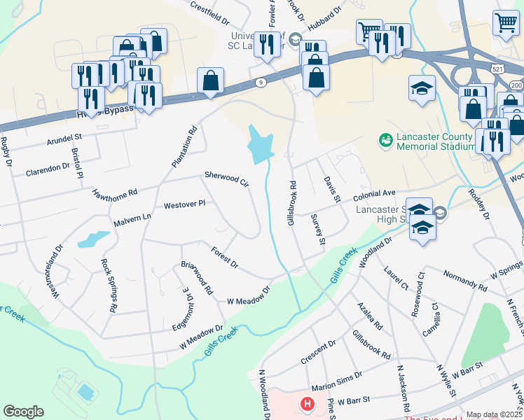 map of restaurants, bars, coffee shops, grocery stores, and more near 962 Sherwood Circle in Lancaster