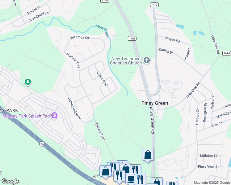 map of restaurants, bars, coffee shops, grocery stores, and more near 2024 Hunters Ridge Drive in Piney Green