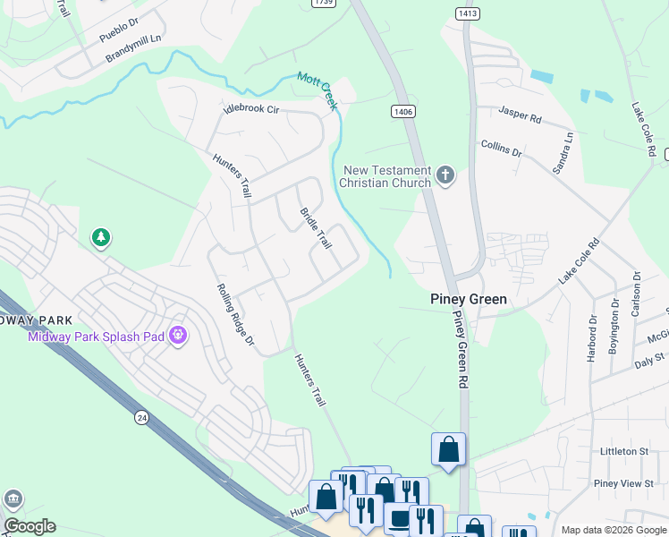 map of restaurants, bars, coffee shops, grocery stores, and more near 2201 Bridle Trail in Piney Green