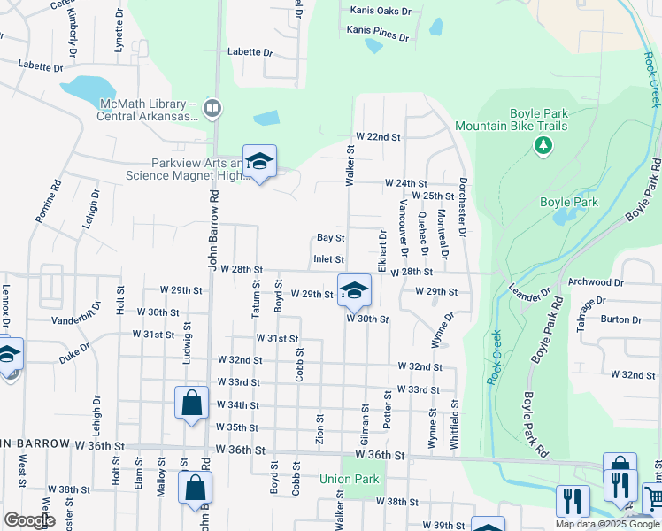 map of restaurants, bars, coffee shops, grocery stores, and more near 5 Inlet Street in Little Rock