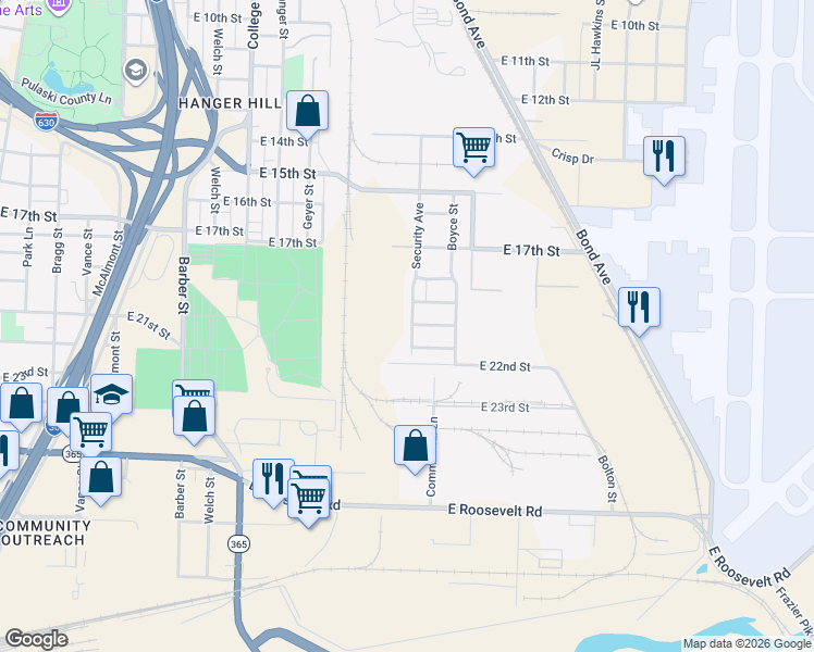 map of restaurants, bars, coffee shops, grocery stores, and more near 2000 Security Avenue in Little Rock