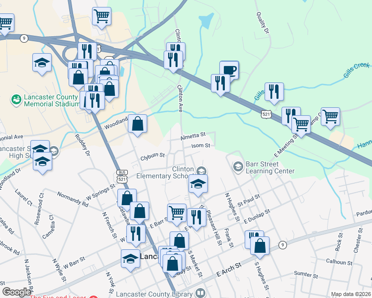 map of restaurants, bars, coffee shops, grocery stores, and more near 435 Clinton Avenue in Lancaster