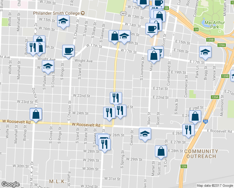 map of restaurants, bars, coffee shops, grocery stores, and more near 2115 Broadway Street in Little Rock