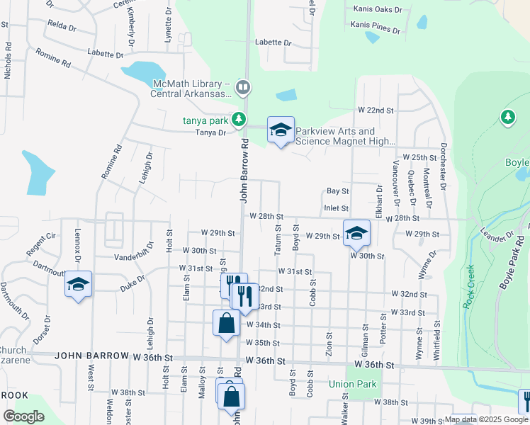 map of restaurants, bars, coffee shops, grocery stores, and more near 2723 Longcoy Street in Little Rock