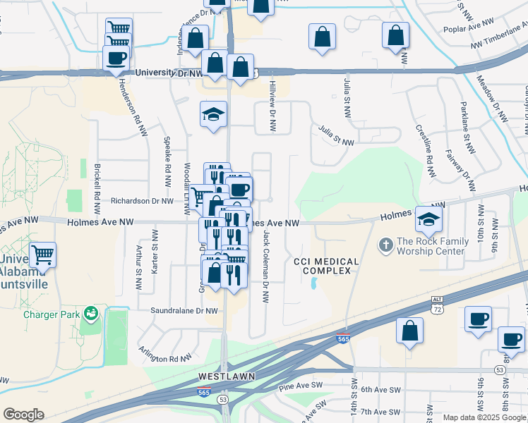 map of restaurants, bars, coffee shops, grocery stores, and more near 602 Galway Street Northwest in Huntsville