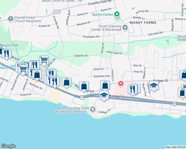 map of restaurants, bars, coffee shops, grocery stores, and more near 3804 Guardian Avenue in Morehead City