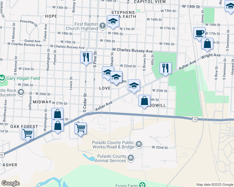 map of restaurants, bars, coffee shops, grocery stores, and more near 2514 South Valentine Street in Little Rock