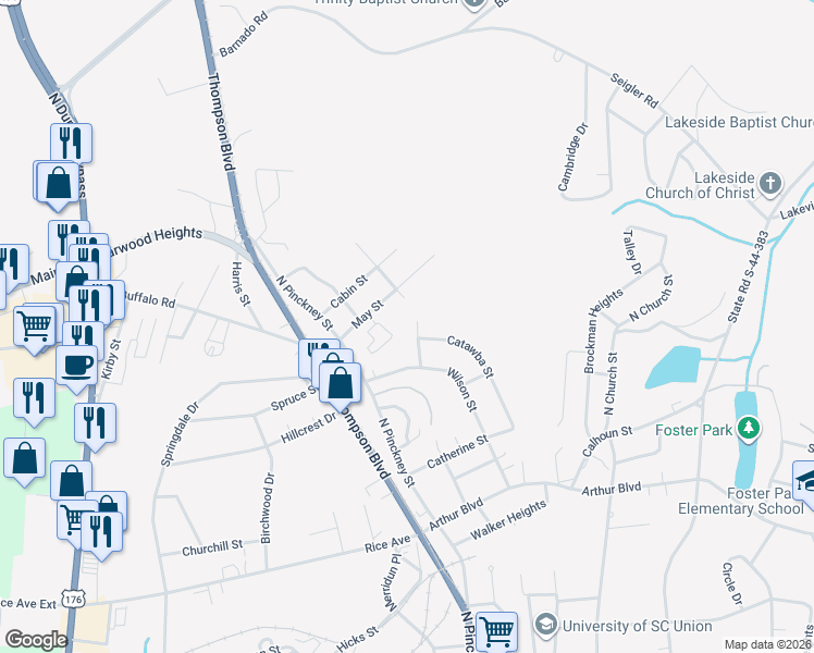 map of restaurants, bars, coffee shops, grocery stores, and more near 113 Santee Circle in Union
