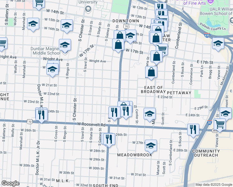 map of restaurants, bars, coffee shops, grocery stores, and more near 2122 Broadway Street in Little Rock